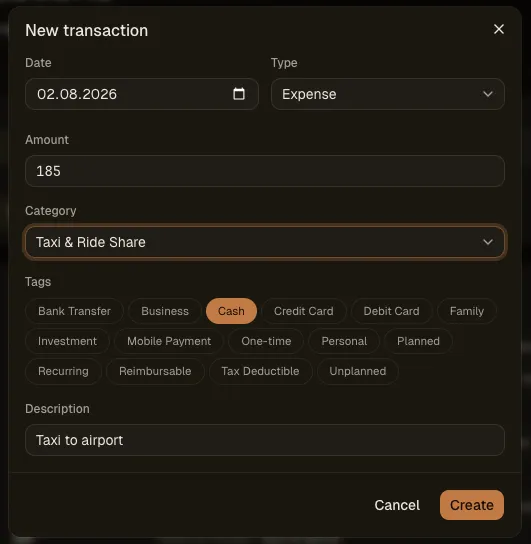 Vezne "New transaction" dialog filled in for a cash taxi expense, with amount, category, and tags